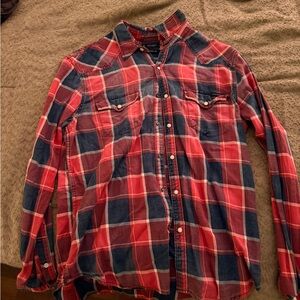 Lucky Brand Men's Red and Blue Plaid Shirt